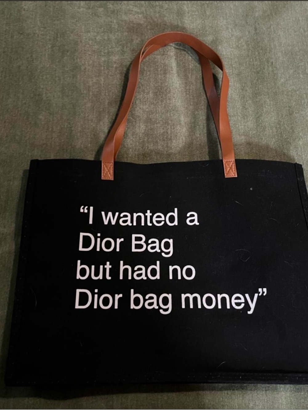Francesca's Collections Black Canvas Tote with Brown Handles and White Slogan